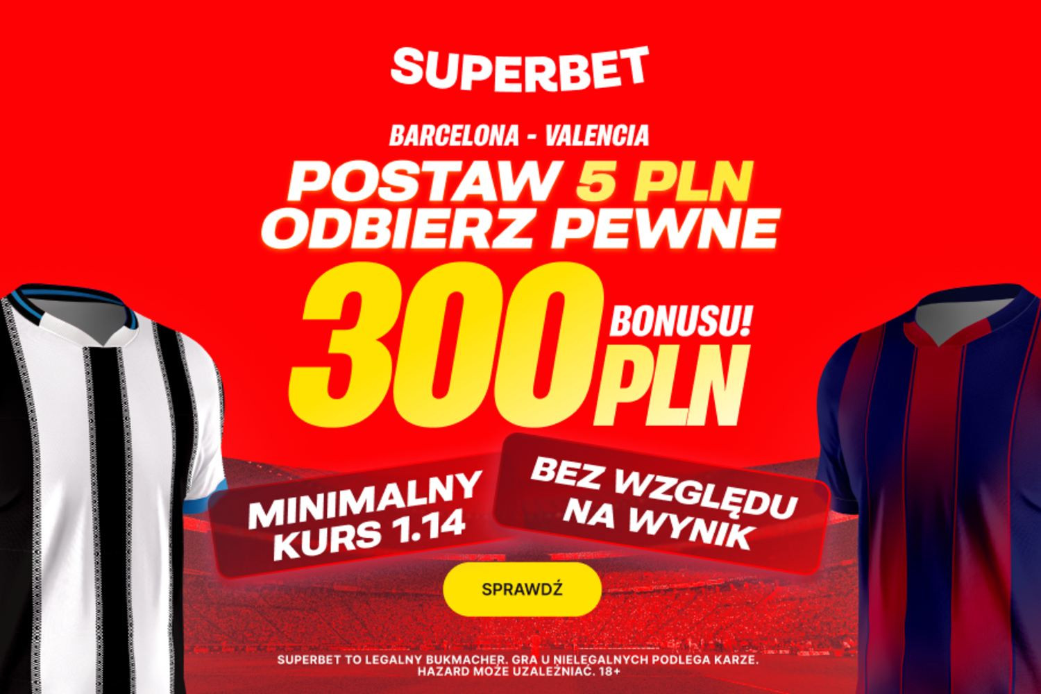 300 złotych za dowolny typ na mecz Newcastle United - FC Barcelona. Niezależnie od wyniku