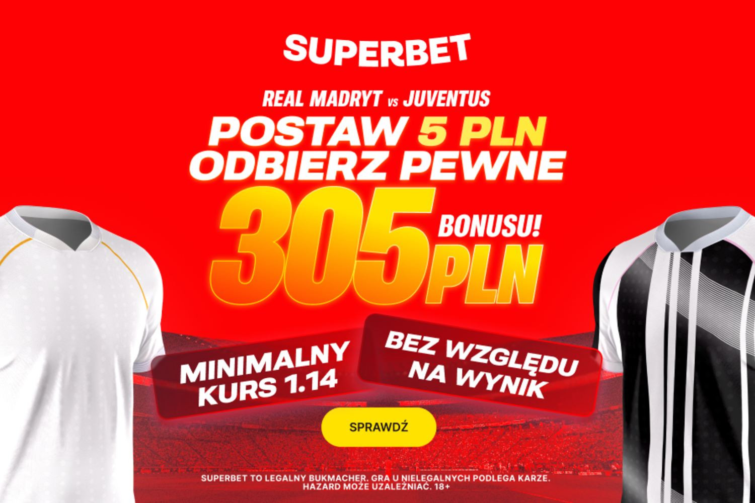 Pewne 305 złotych za dowolny typ na mecz Real Madryt - Juventus!